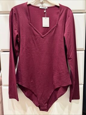 NWT Mangopop Deep Wine V-Neck Long-Sleeve Bodysuit